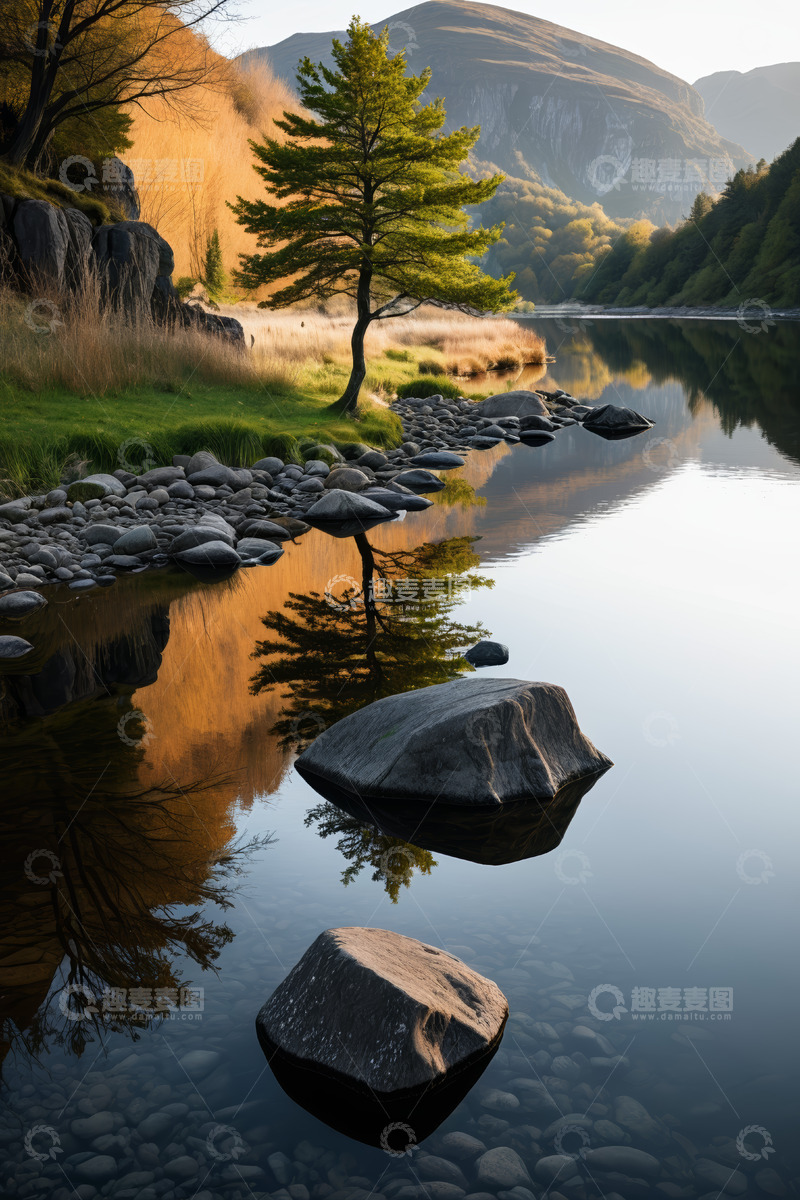 高清大图下载【趣麦麦图】河畔孤树与山水倒影景观