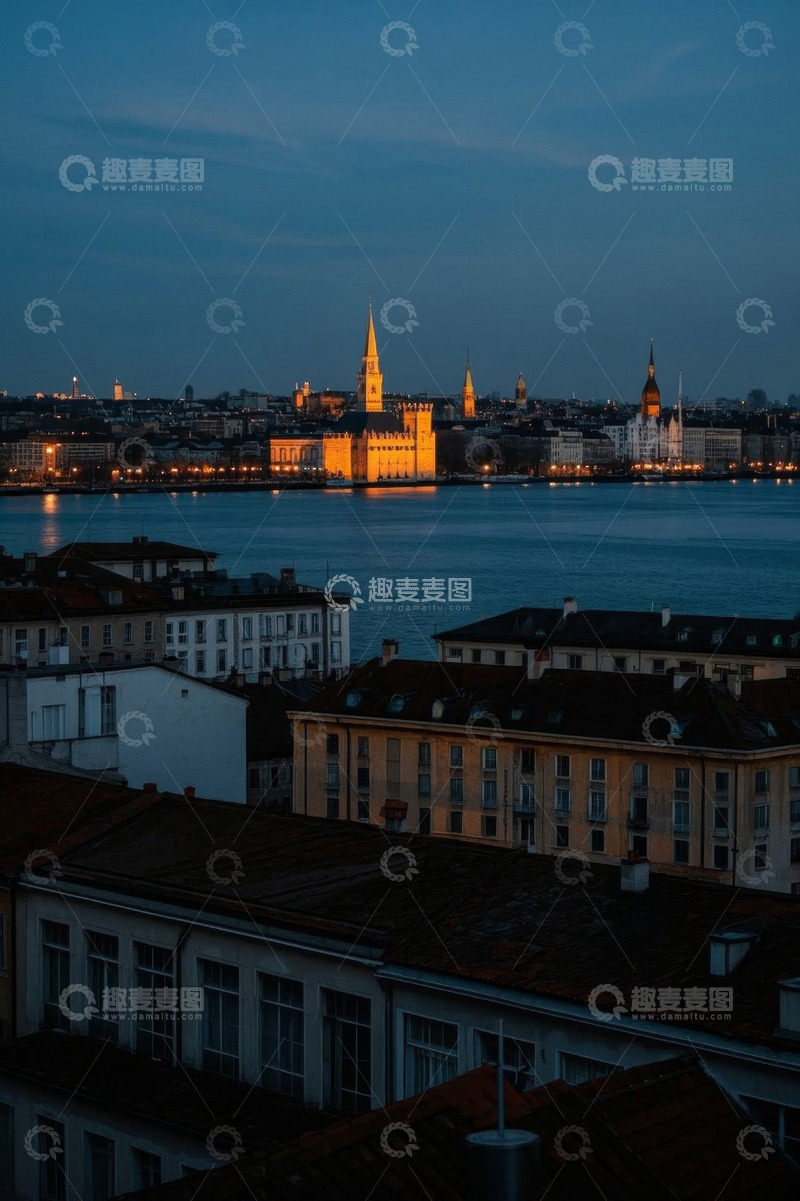 高清大图下载【趣麦麦图】欧洲城市河畔建筑暮色景观