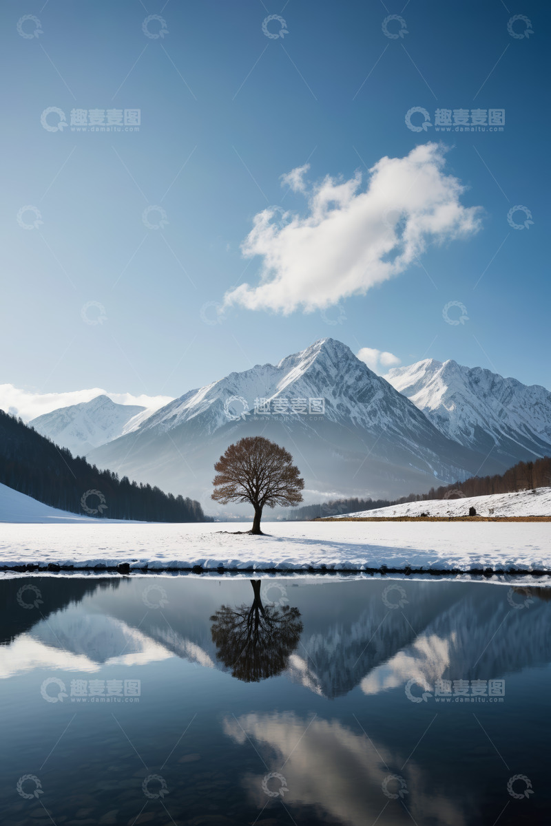 高清大图下载【趣麦麦图】雪山下雪地孤树倒影景观