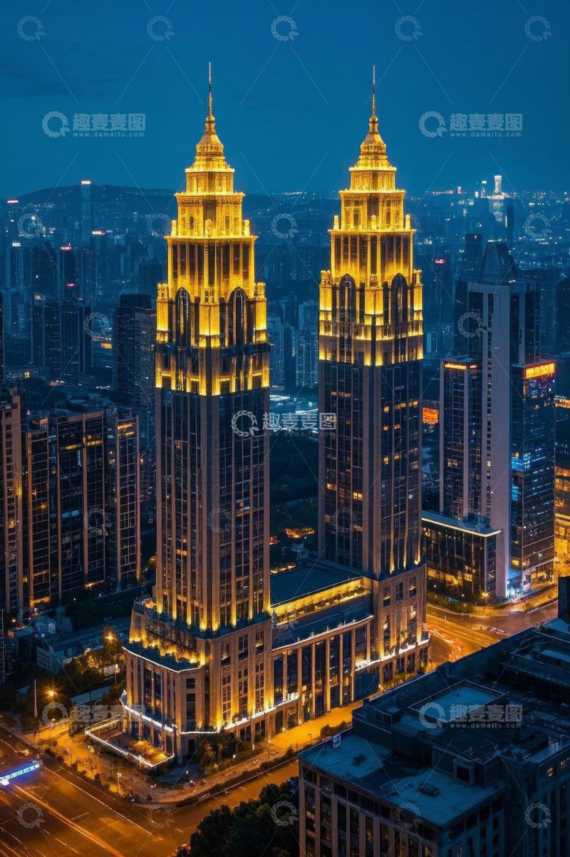 高清大图下载【趣麦麦图】城市高楼双子塔夜景鸟瞰