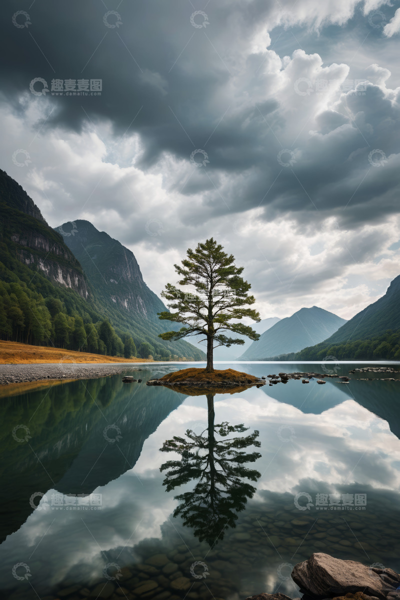 高清大图下载【趣麦麦图】湖中山间孤树倒影风景