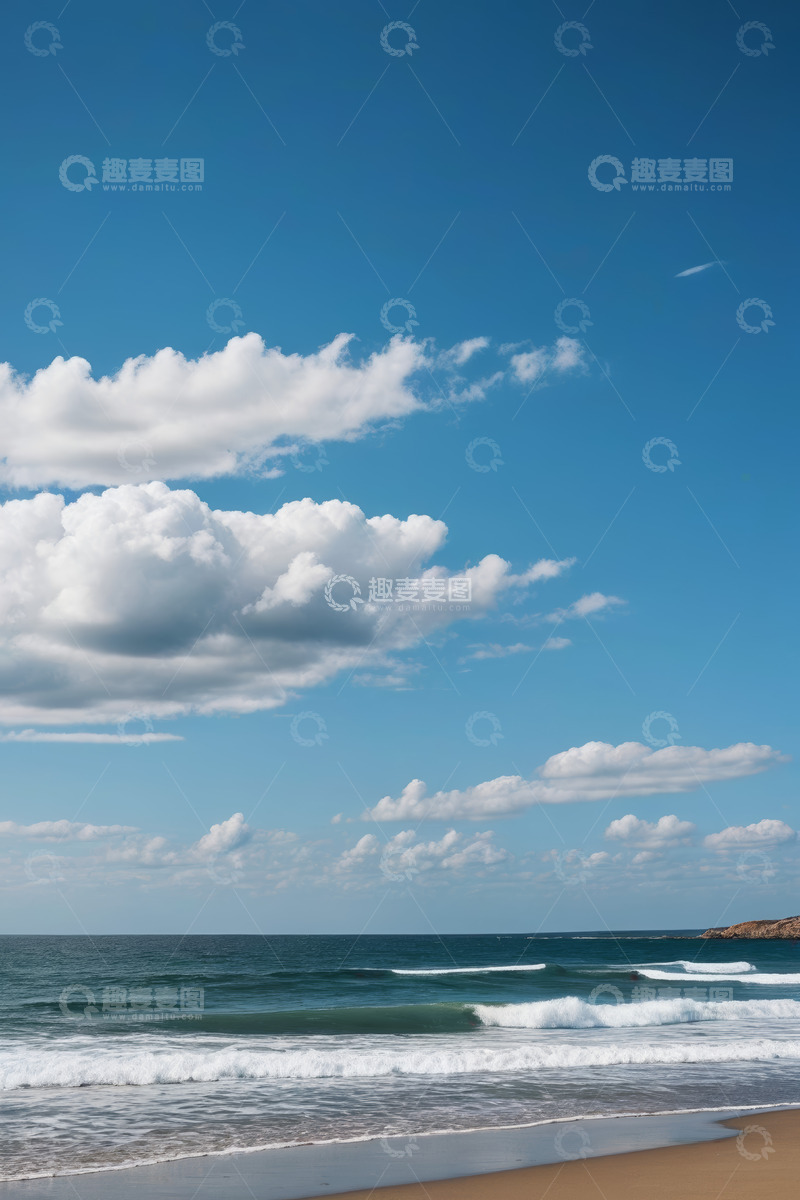 高清大图下载【趣麦麦图】蓝天白云下的海滩与海洋景象
