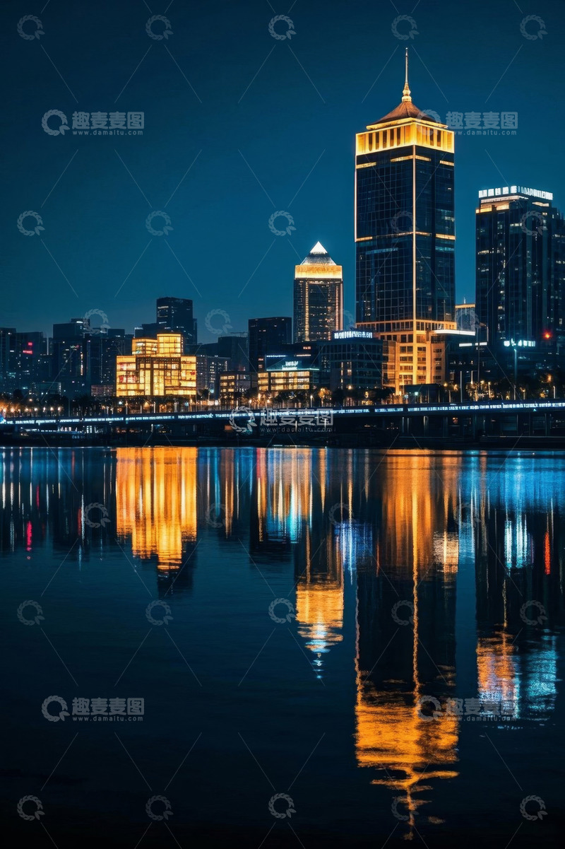 高清大图下载【趣麦麦图】城市夜景高楼与水面倒影