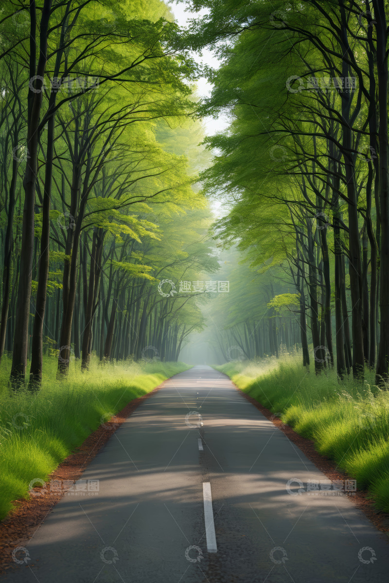 高清大图下载【趣麦麦图】森林中延伸的柏油道路