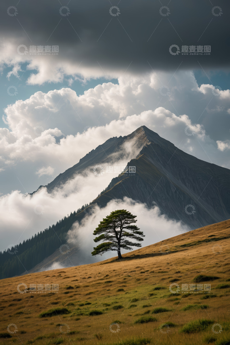 高清大图下载【趣麦麦图】山巅孤树与云海自然风光