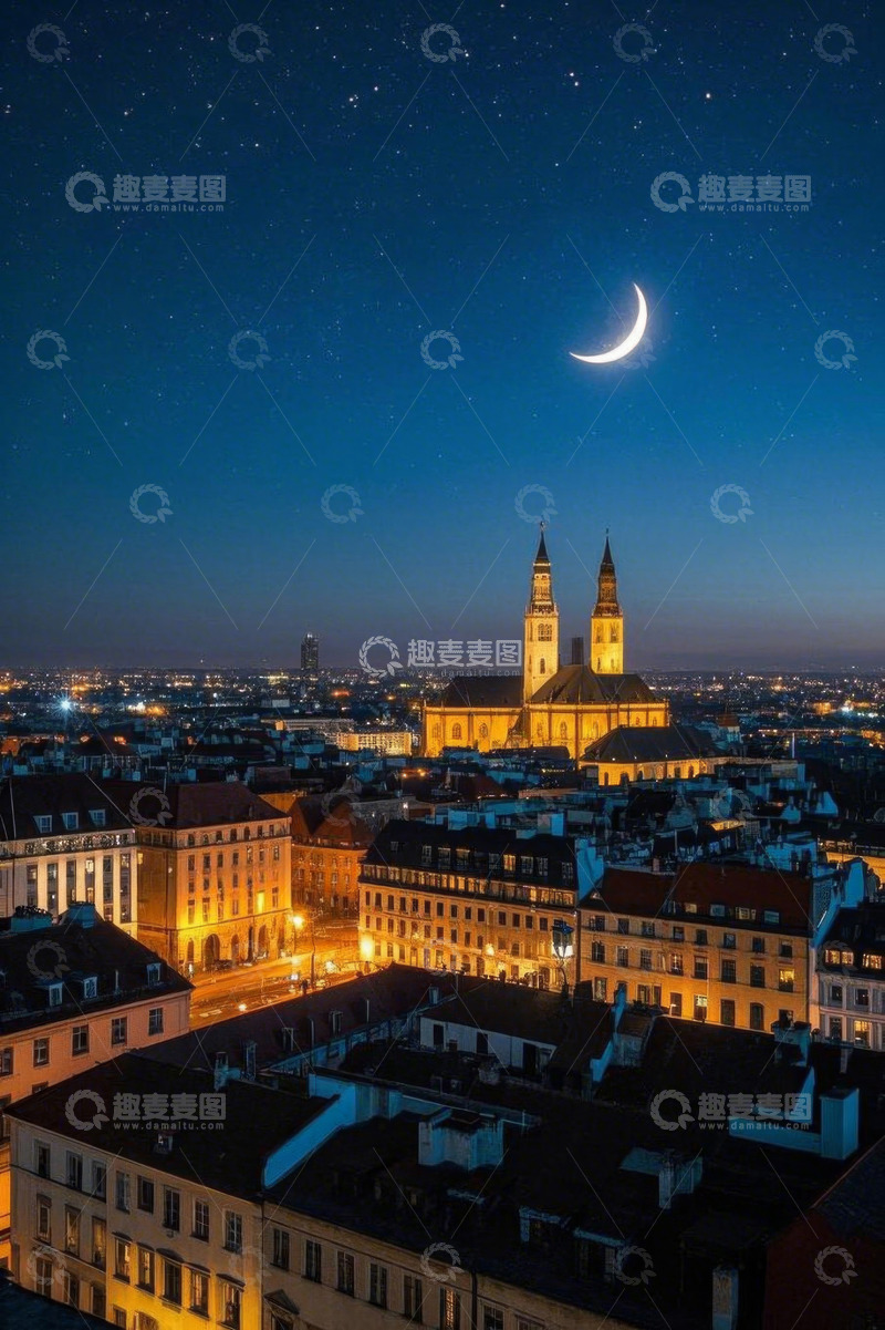 高清大图下载【趣麦麦图】夜晚城市建筑与星月景观