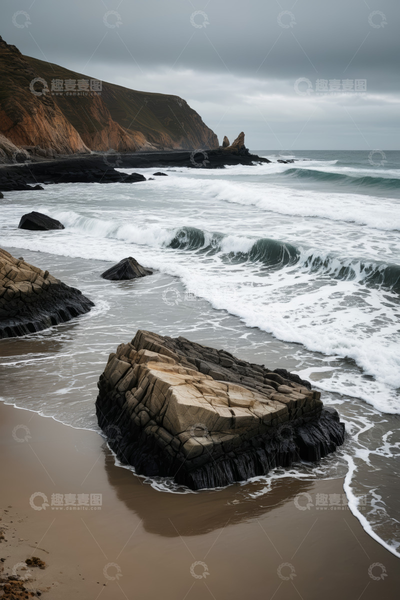 高清大图下载【趣麦麦图】海浪拍打海岸岩石景象