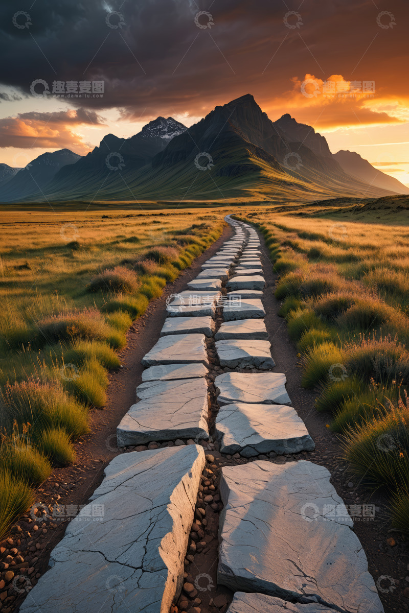高清大图下载【趣麦麦图】山间石板路黄昏自然风光
