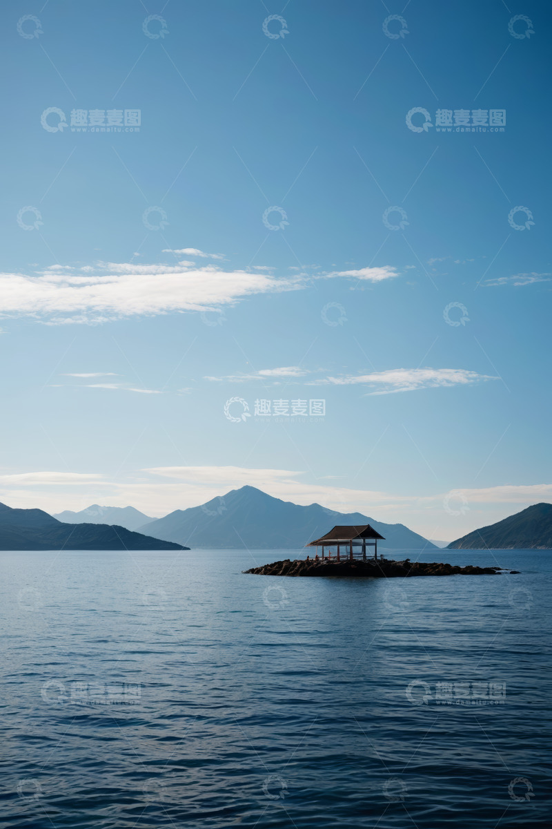 高清大图下载【趣麦麦图】湖中小岛凉亭与山水风光