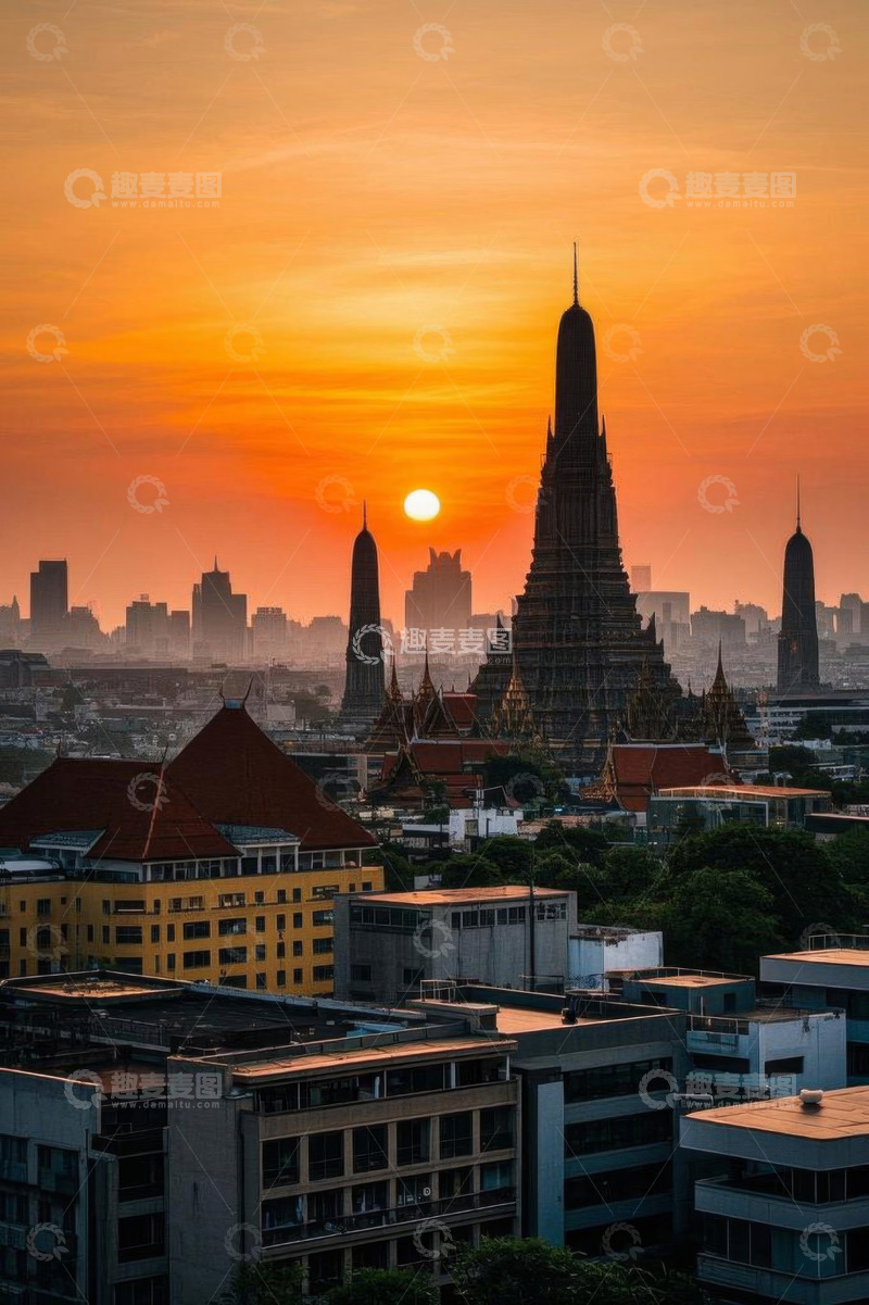 高清大图下载【趣麦麦图】曼谷夕阳下的寺庙与城市景观