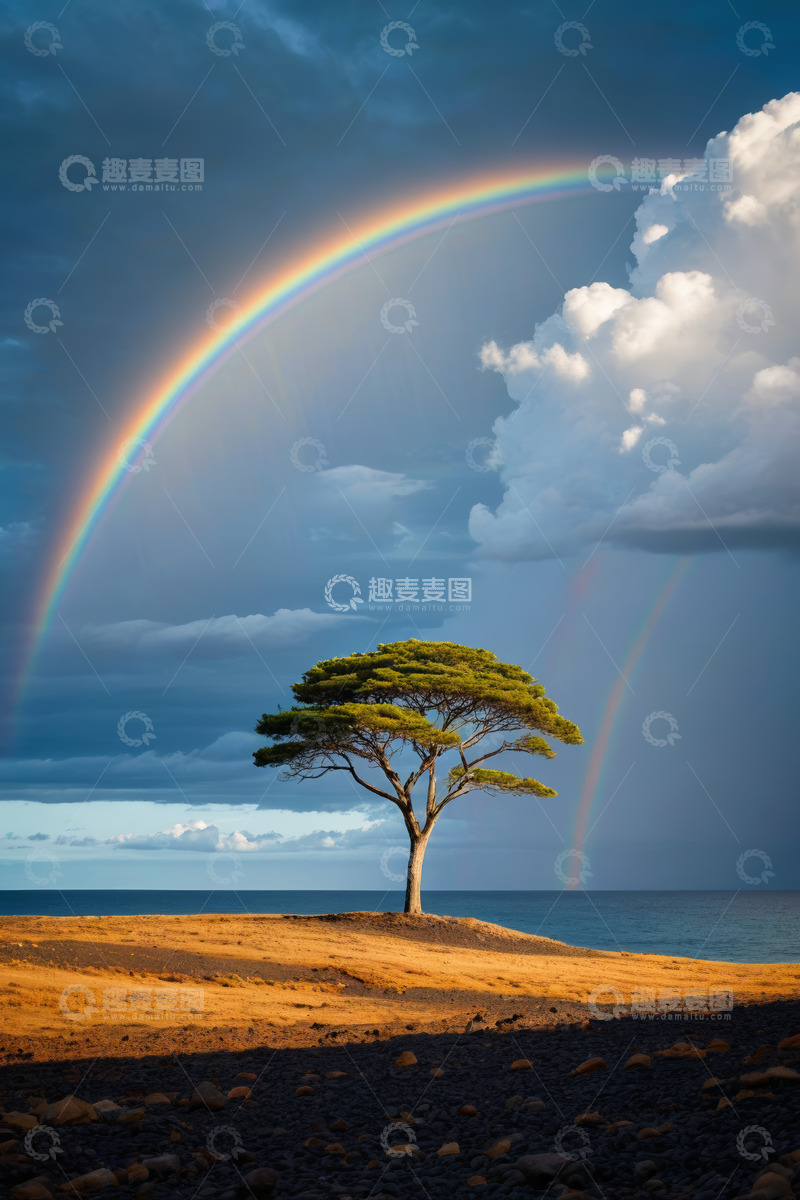 高清大图下载【趣麦麦图】海边孤树与彩虹自然景观