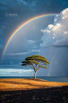 海边孤树与彩虹自然景观