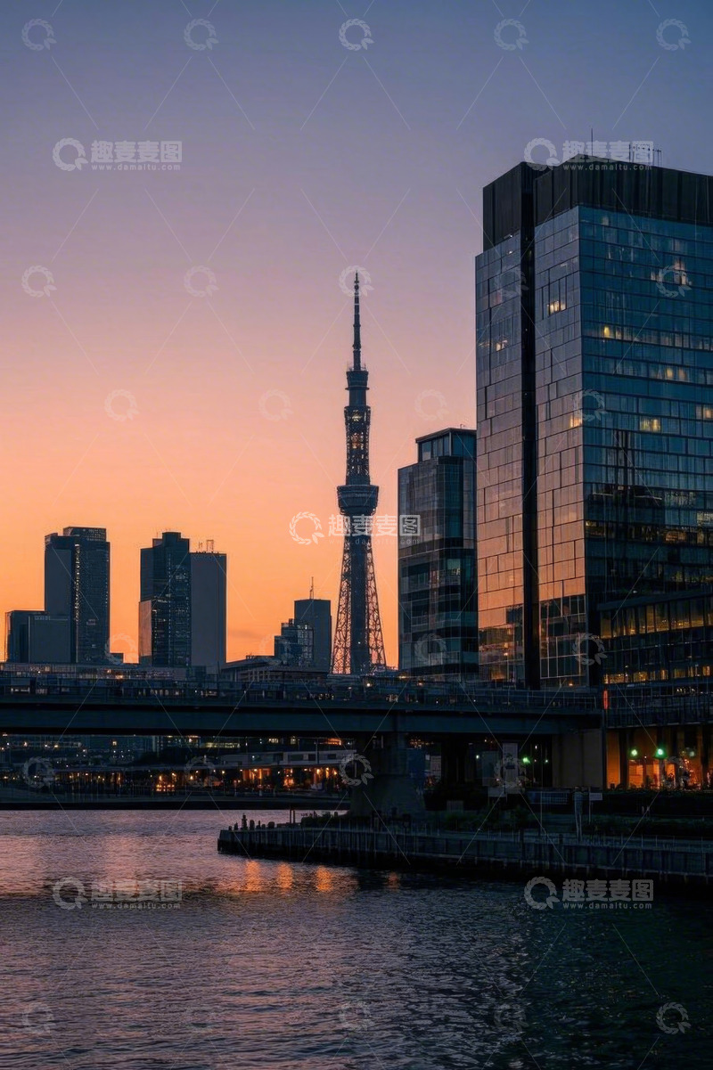 高清大图下载【趣麦麦图】东京城市建筑与河流黄昏景象