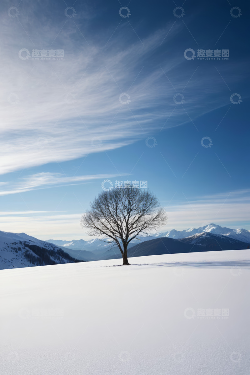 高清大图下载【趣麦麦图】雪野中孤独的树与远山风景