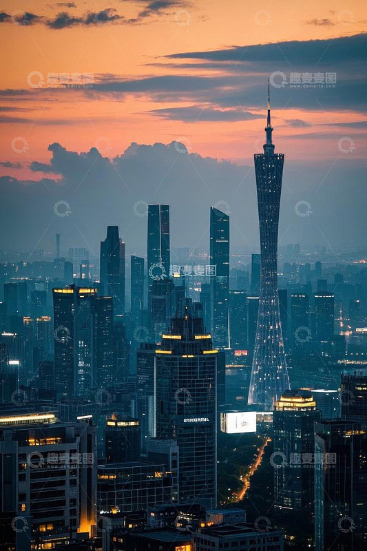 广州城市建筑黄昏全景