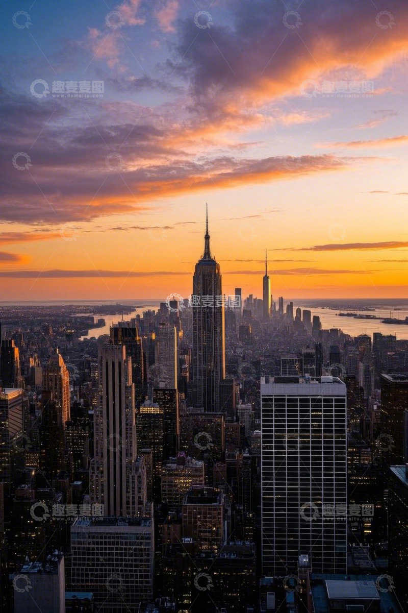 高清大图下载【趣麦麦图】纽约城市天际线黄昏景观