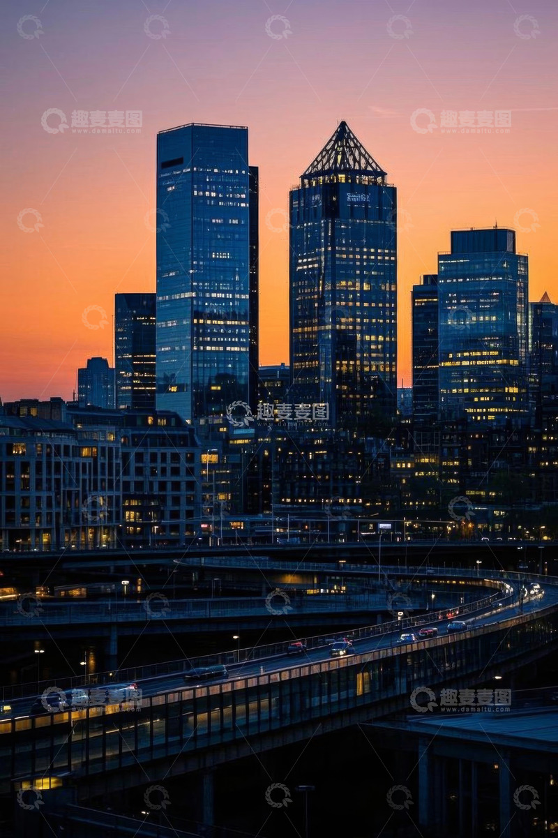 高清大图下载【趣麦麦图】黄昏下城市高楼与道路景观