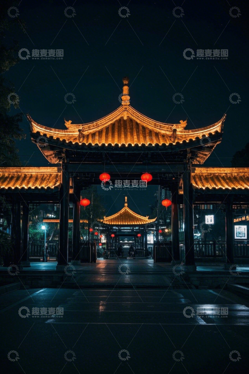 高清大图下载【趣麦麦图】夜晚中式古建筑景观