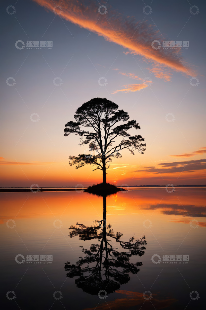 高清大图下载【趣麦麦图】湖畔孤树夕阳倒影景象