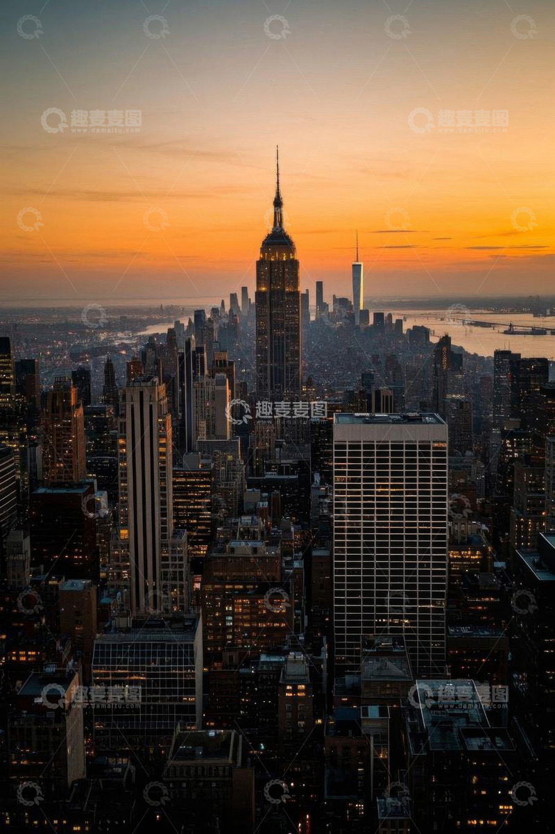 高清大图下载【趣麦麦图】纽约曼哈顿城市天际线黄昏景观