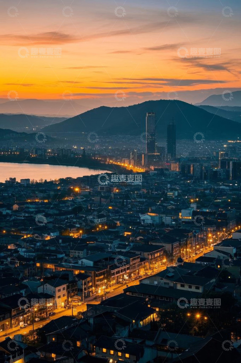 高清大图下载【趣麦麦图】城市日落全景与山景湖景