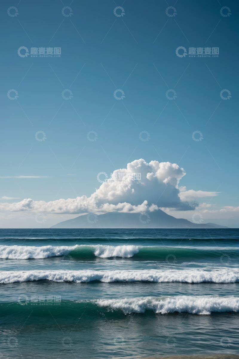 高清大图下载【趣麦麦图】海岸边海浪与远山白云景观