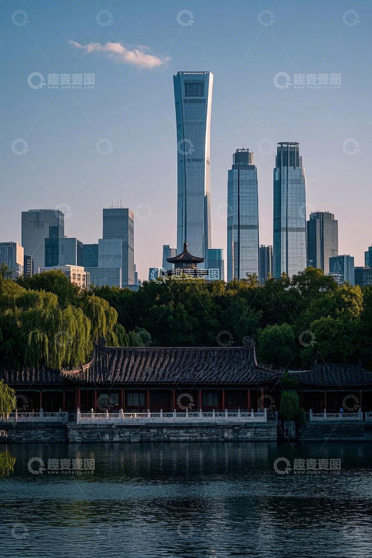 中式建筑与现代高楼城市景观