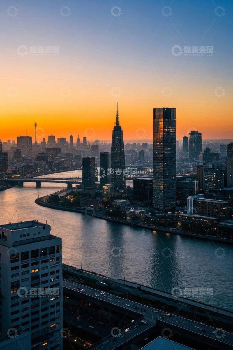 高清大图下载【趣麦麦图】城市日落时分高楼与河流景观