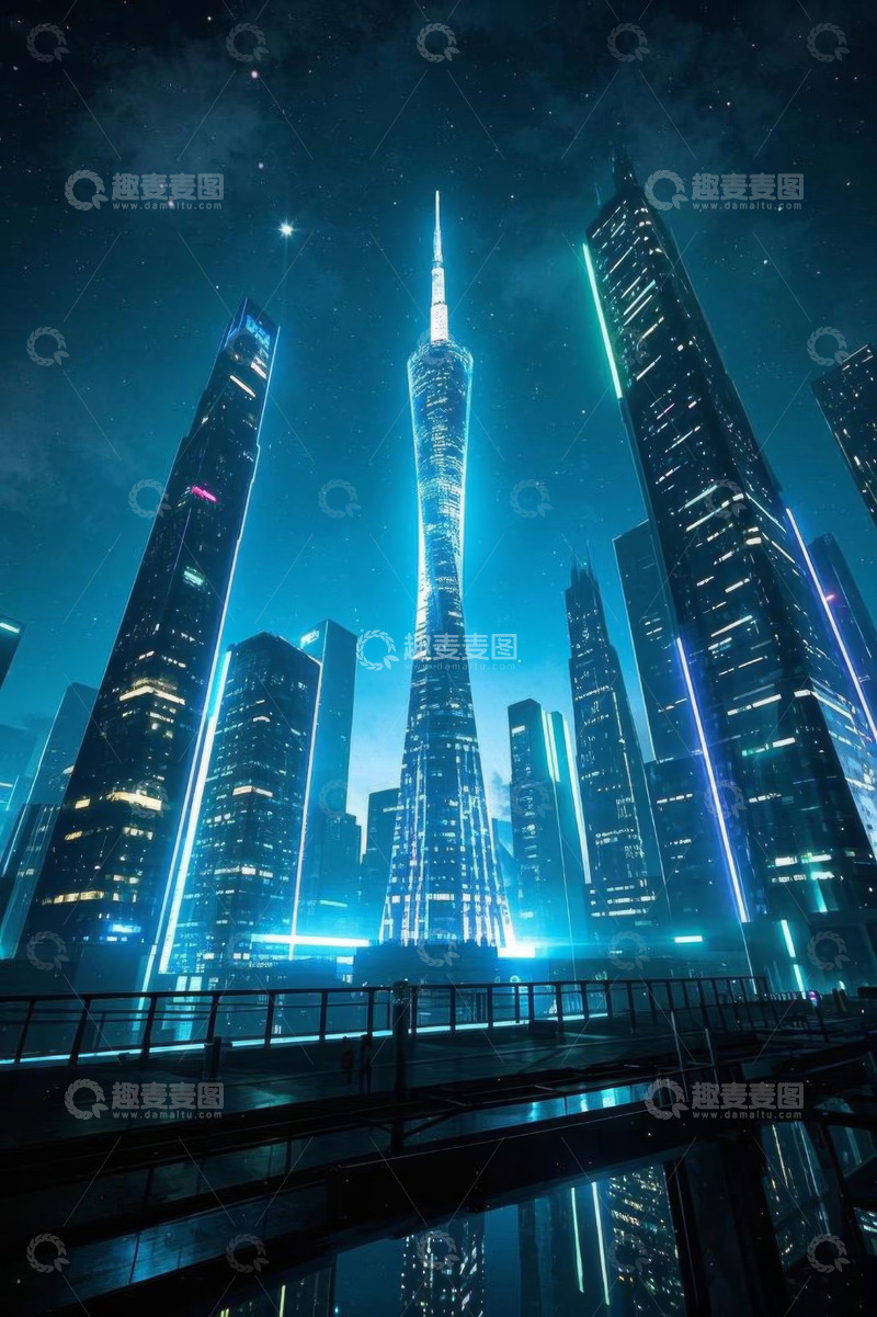 高清大图下载【趣麦麦图】夜晚科幻风格城市摩天大楼景观