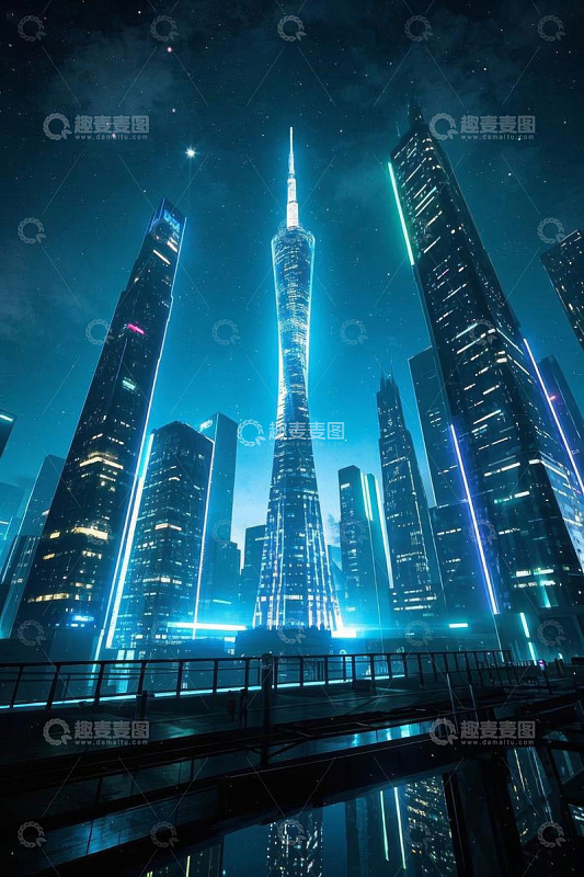 夜晚科幻风格城市摩天大楼景观
