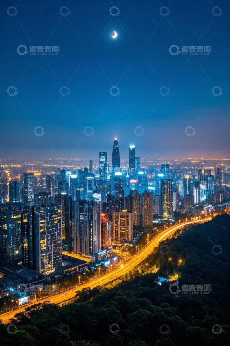 高清大图下载【趣麦麦图】城市夜景高楼与蜿蜒道路