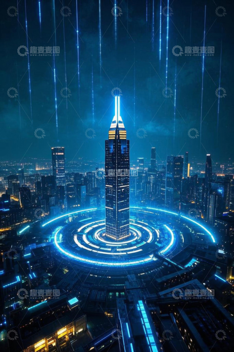 高清大图下载【趣麦麦图】科幻风格城市高楼夜景鸟瞰