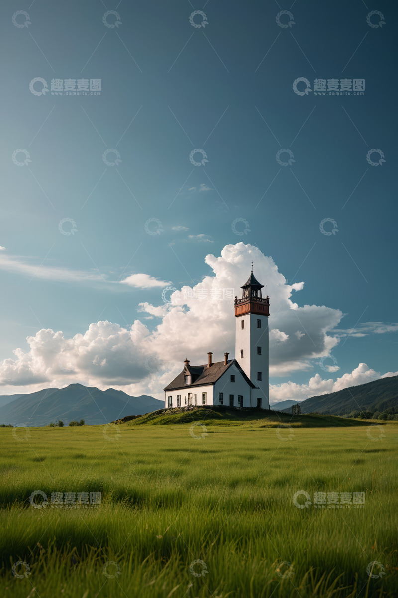 高清大图下载【趣麦麦图】草原上的白色灯塔与房屋景观