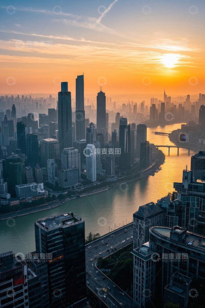 高清大图下载【趣麦麦图】城市日落全景高楼与河流景观