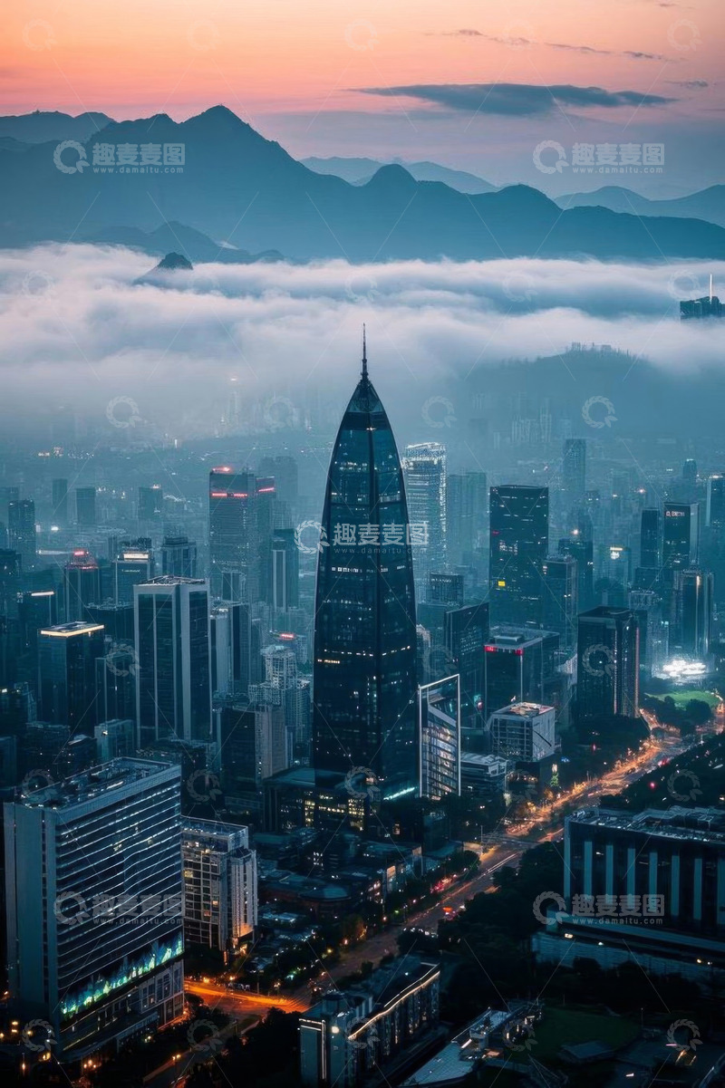 高清大图下载【趣麦麦图】云雾中的城市高楼景观