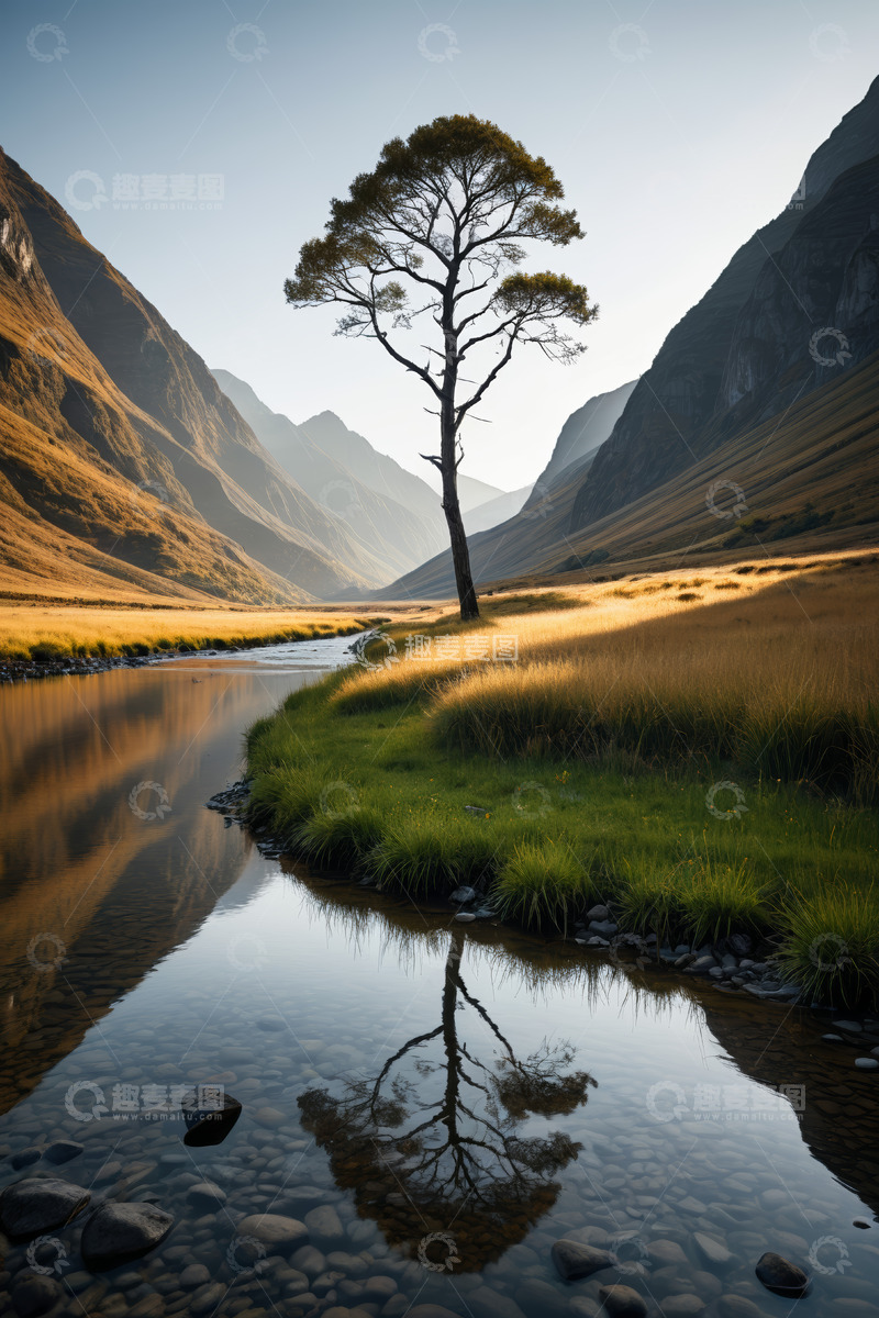 高清大图下载【趣麦麦图】山谷间河流旁的孤树风景