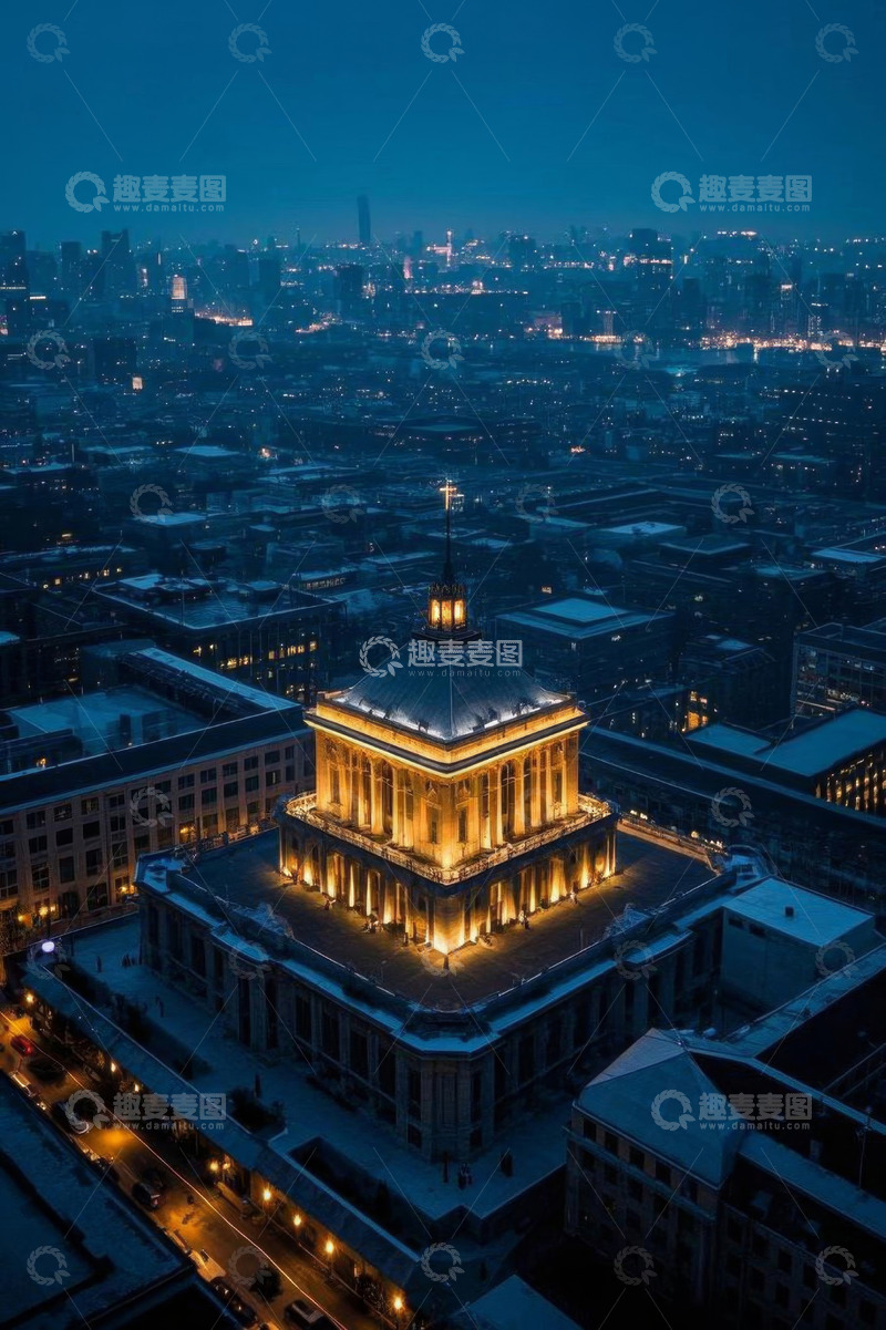 高清大图下载【趣麦麦图】俯瞰夜晚城市中的标志性建筑