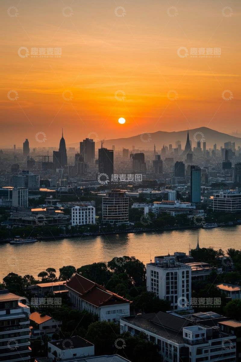 高清大图下载【趣麦麦图】城市日落全景及河畔建筑