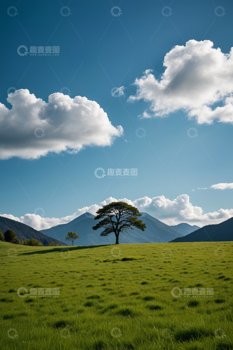 高清大图下载【趣麦麦图】草原孤树与蓝天白云山景