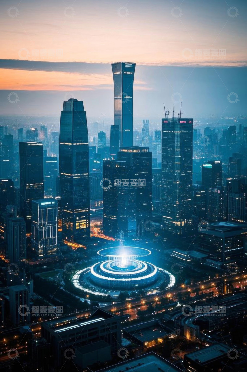 高清大图下载【趣麦麦图】城市高楼与中心圆形建筑夜景