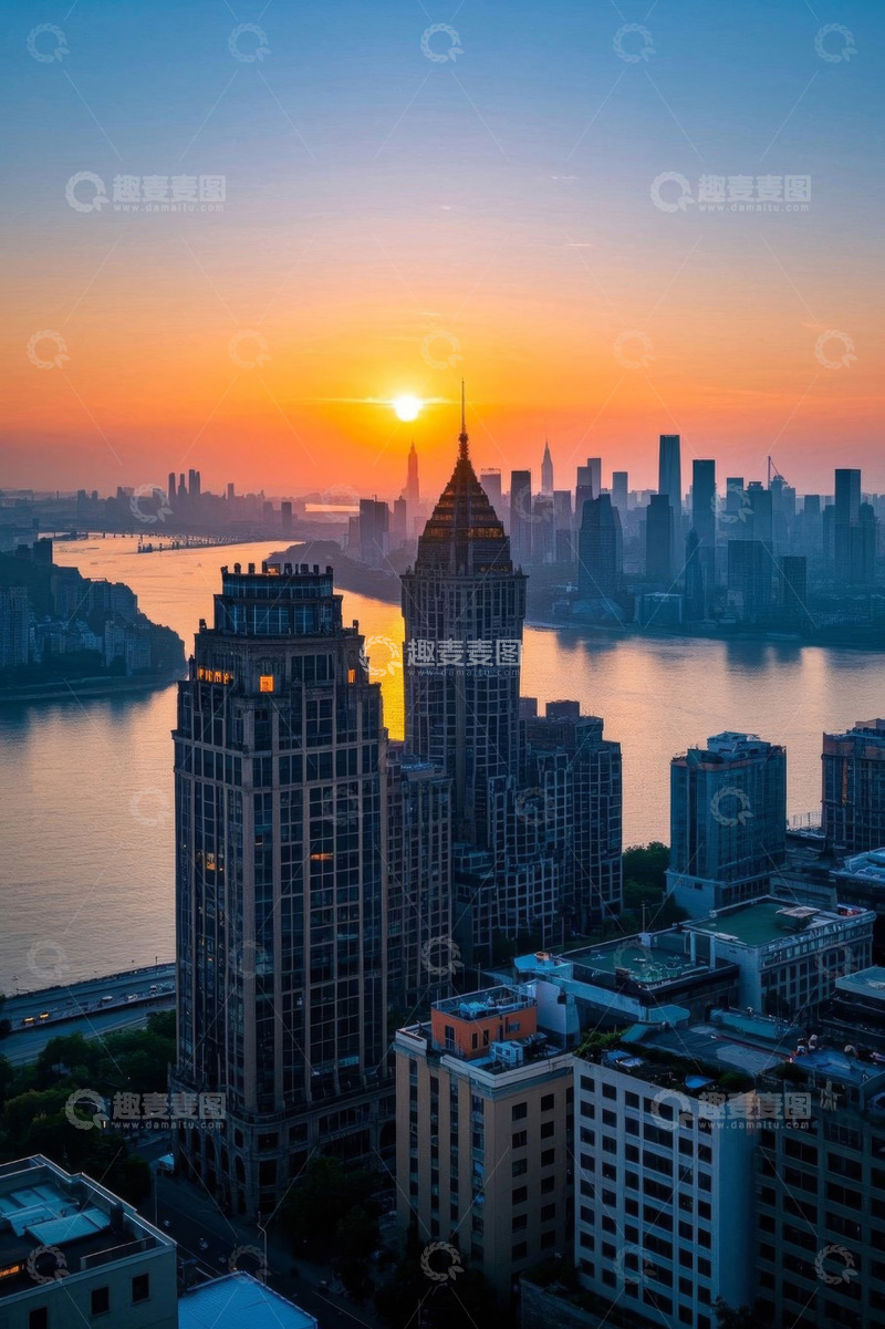 高清大图下载【趣麦麦图】城市河畔高楼日出全景