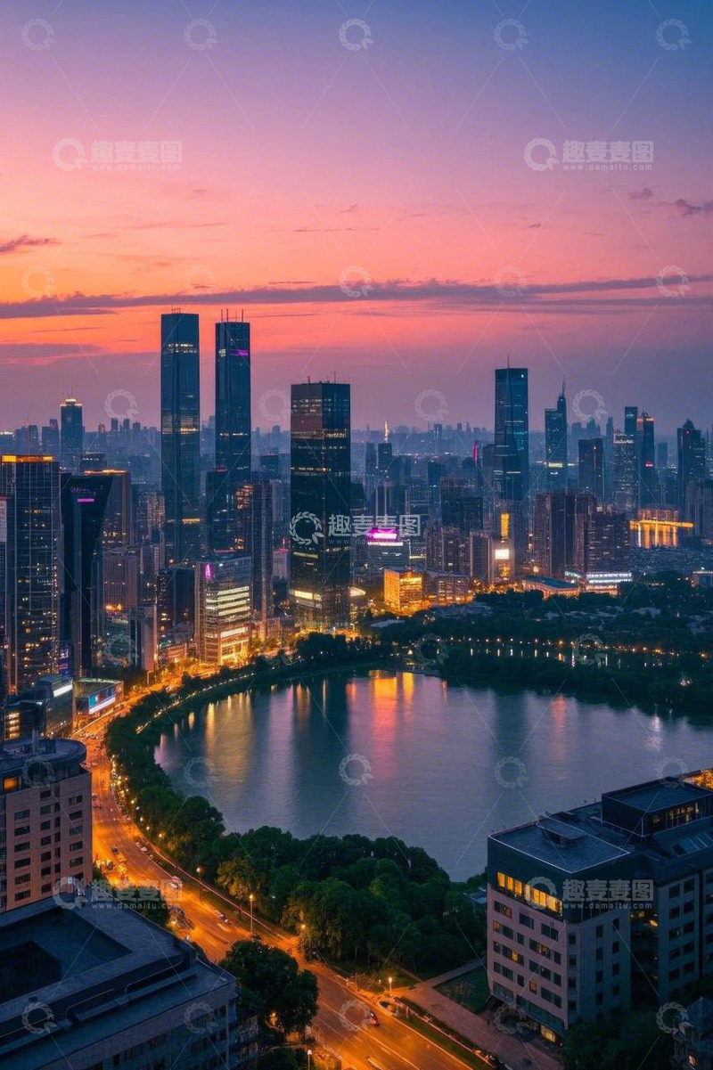 高清大图下载【趣麦麦图】城市湖畔高楼黄昏全景