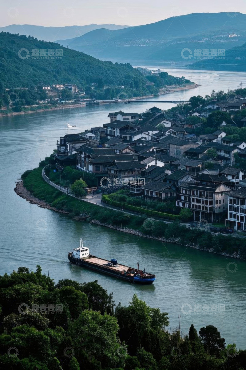 高清大图下载【趣麦麦图】江边古镇与江上行船景观