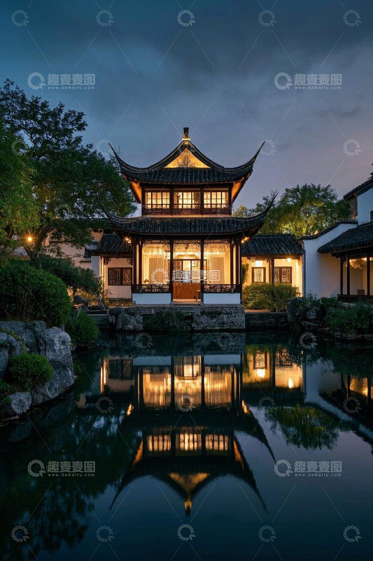 中式古典建筑夜景倒影景观