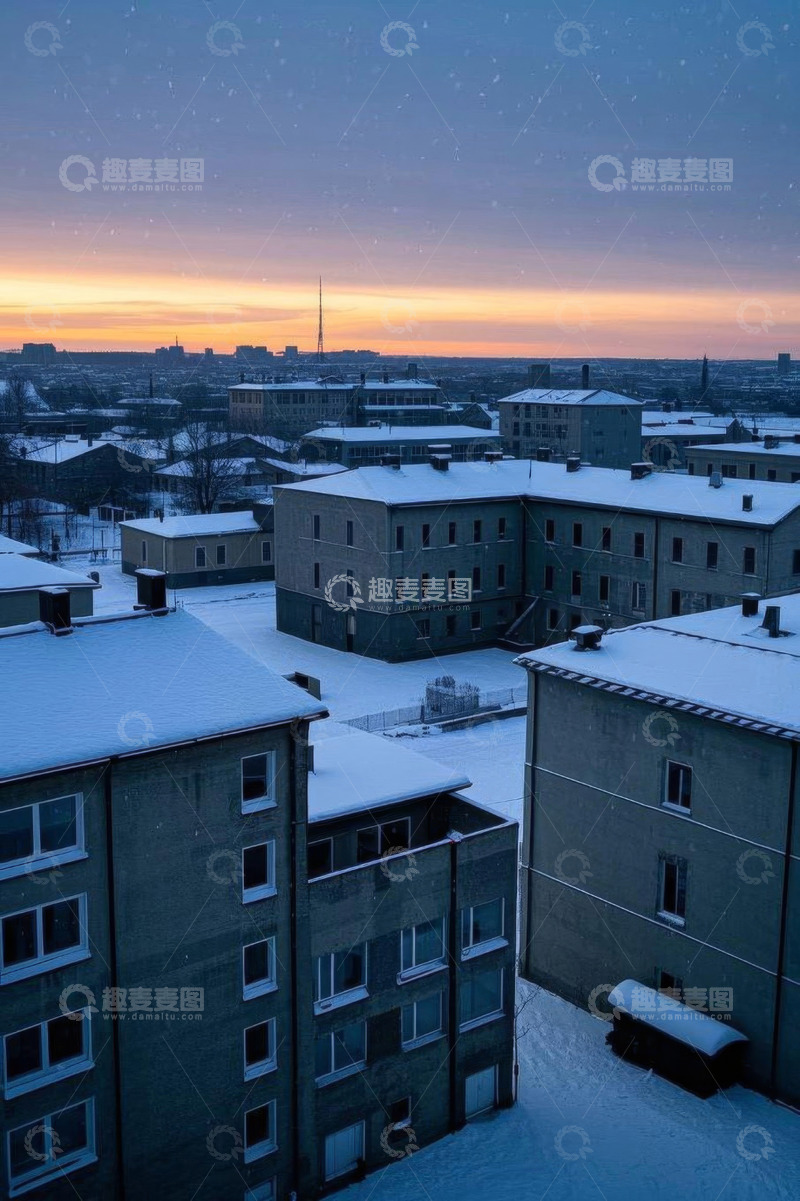 高清大图下载【趣麦麦图】雪后城市建筑黄昏景象