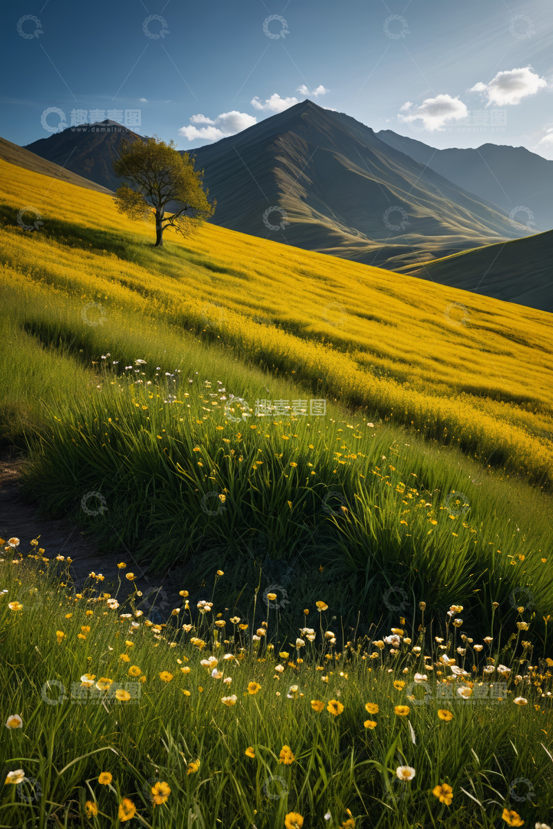 高清大图下载【趣麦麦图】山坡草地与孤树自然风光