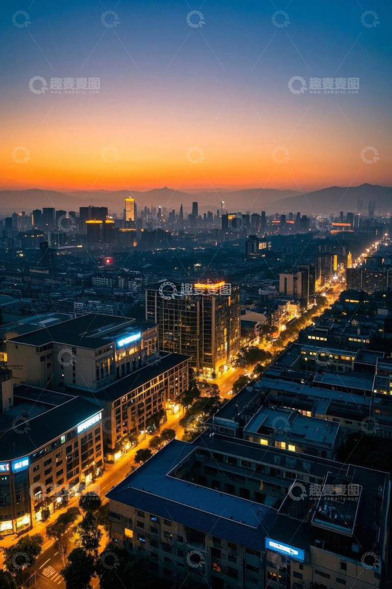 高清大图下载【趣麦麦图】城市黄昏高楼夜景俯瞰