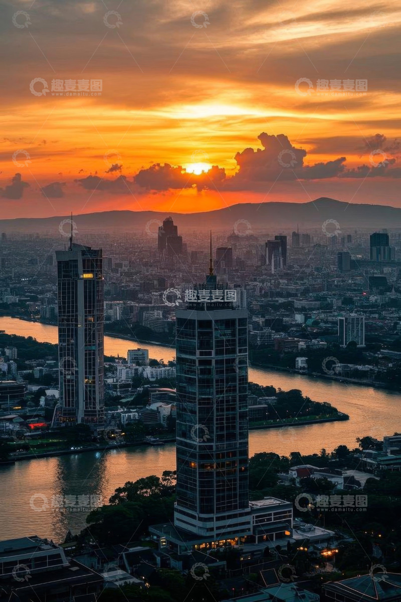 高清大图下载【趣麦麦图】城市日落时分高楼与河流景观