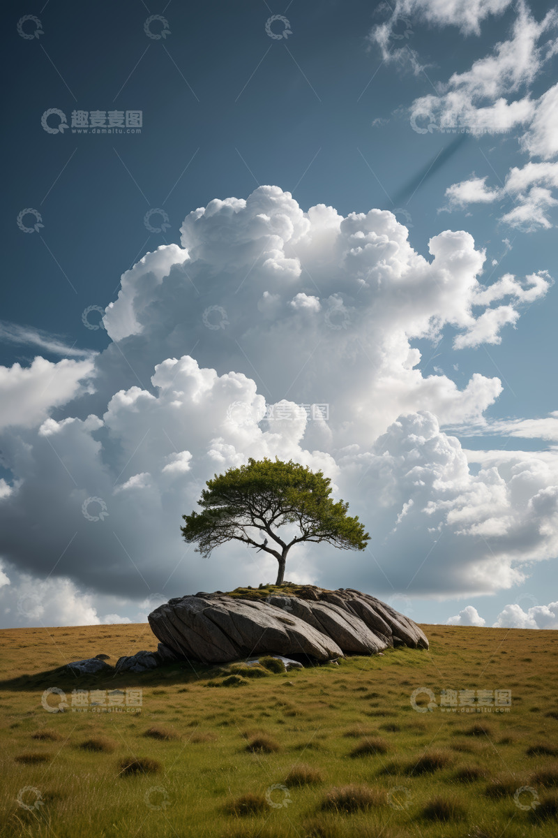 高清大图下载【趣麦麦图】草原巨石上的孤树与云朵景观