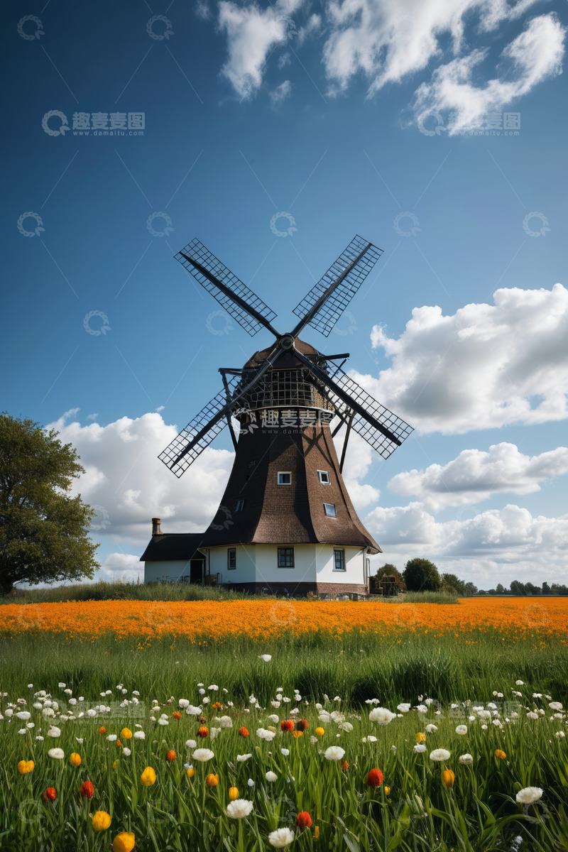 高清大图下载【趣麦麦图】荷兰田野中的风车与花海